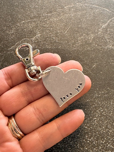 Love You Hand Stamped Heart Metal Key Chain