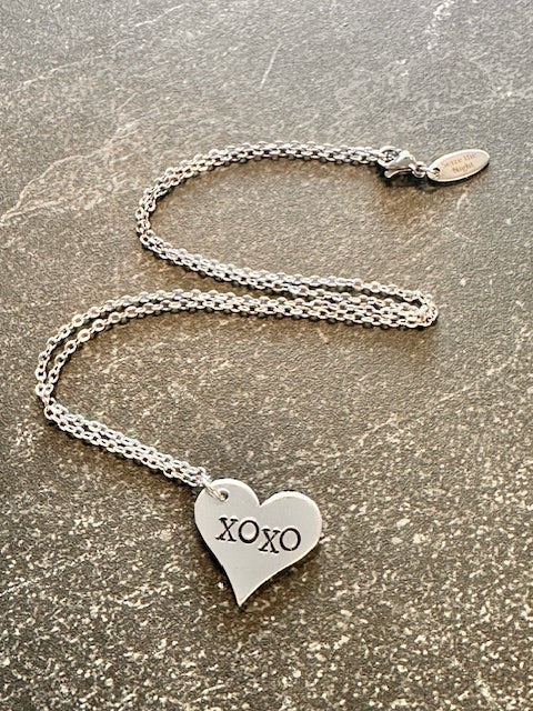 XOXO Hand Stamped Metal Heart Necklace