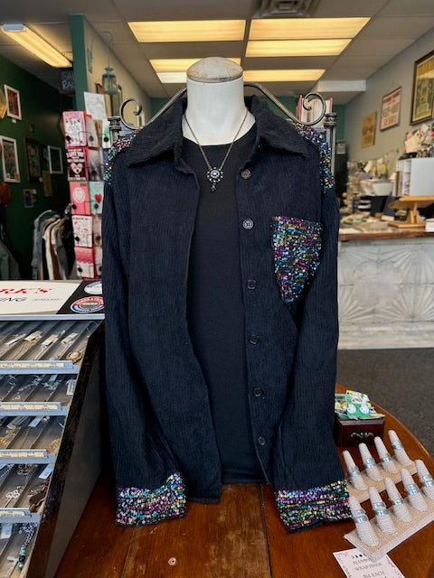 Black Collar Button Down Jacket with Sequins