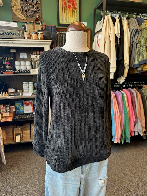 Black Chenille Waffle Round Neck Sweater
