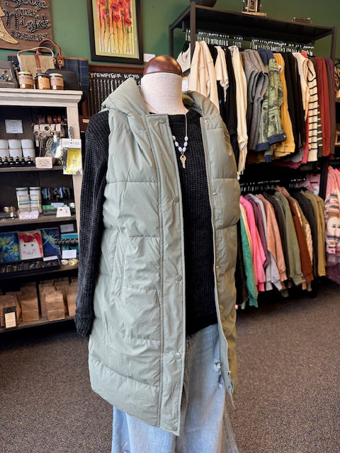 Sage Green Hooded Long Quilted Puffer Vest