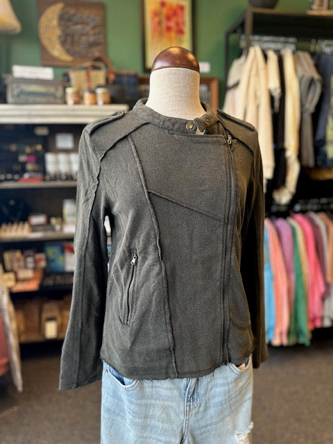 Black French Terry Zip-Up Moto Jacket