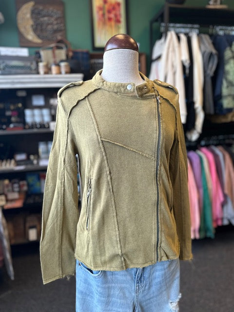 Olive French Terry Zip-Up Moto Jacket
