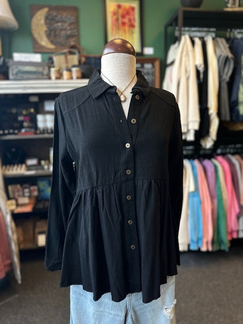 Black Button Down Collar Babydoll Top