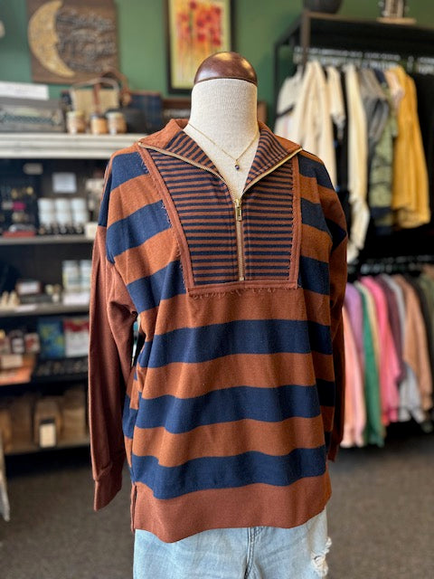 Navy & Brown Striped Half Zip Top