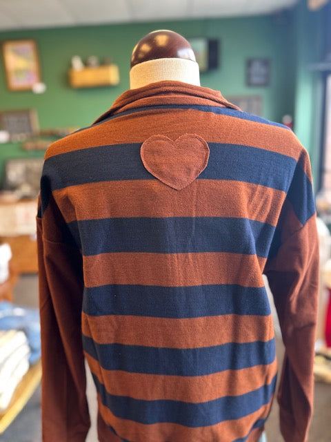 Navy & Brown Striped Half Zip Top