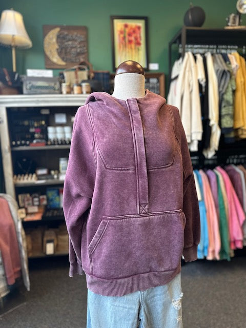 Eggplant Fleece Oversized 1/4 Zip Kangaroo Pocket Hoodie
