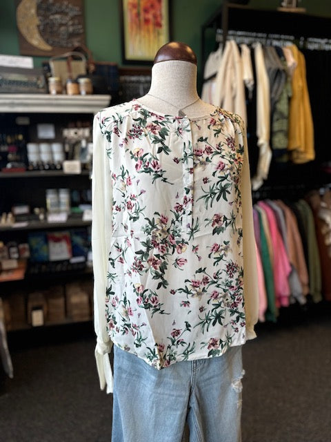 Cream Mixed Floral Sheer Sleeve Top with Knotted Cuffs