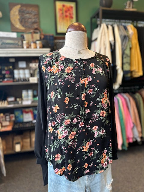 Black Mixed Floral Sheer Sleeve Top with Knotted Cuffs
