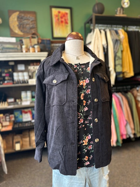 Black Corduroy Button Up Jacket With Sherpa Inside