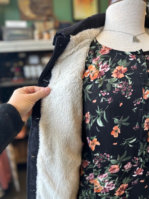 Black Corduroy Button Up Jacket With Sherpa Inside