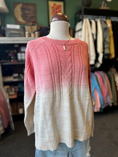 Berry Ombre Dip Dye Cable Knit Pullover Sweater