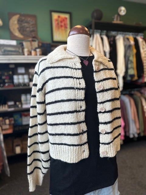 Taupe & Black Striped Collared 5 Button Cardigan
