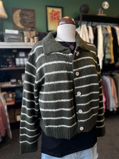 Olive and Taupe Striped Collared 5 Button Cardigan