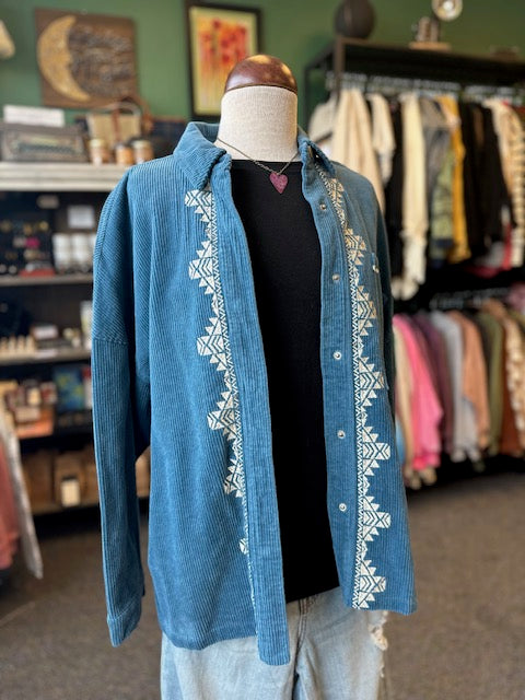 Blue Corduroy Embroidered Shacket