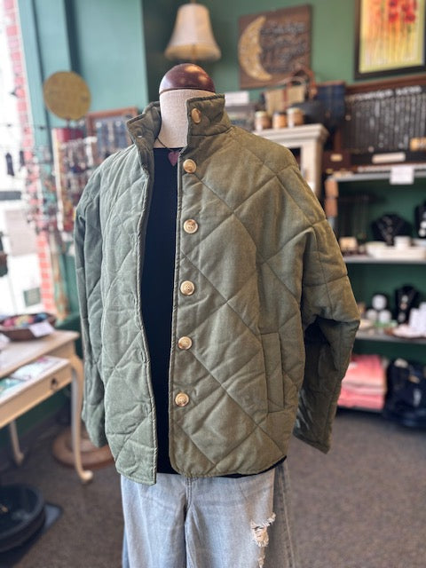 Moss Green Diamond Lattice Quilted Cotton Jacket