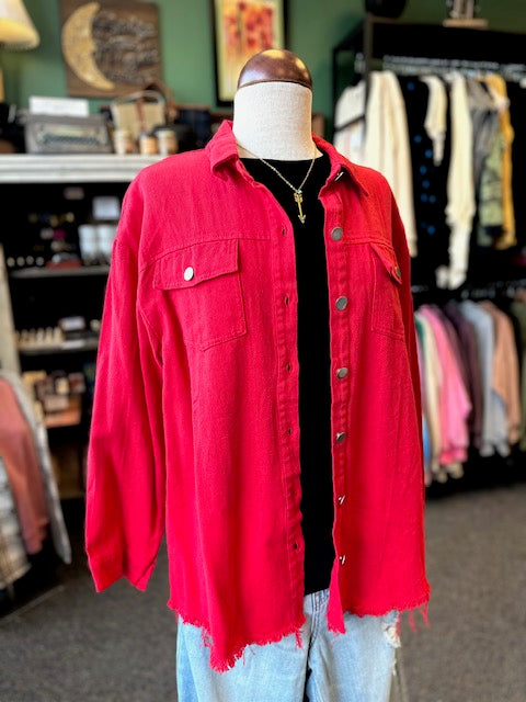 Autumn Frayed-Hem Denim Jacket Shacket - Red