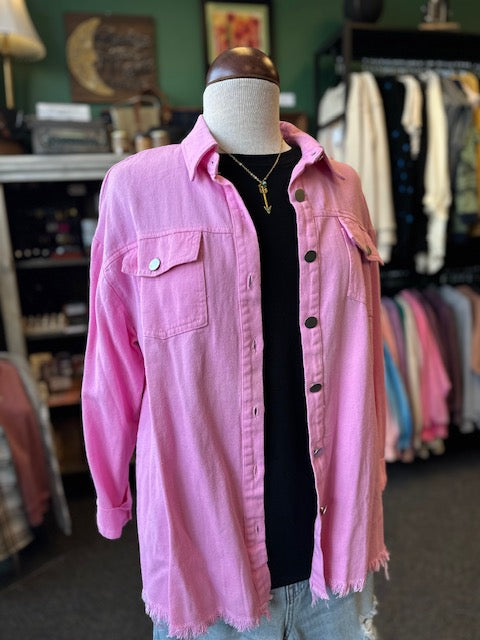 Autumn Frayed-Hem Denim Jacket Shacket - Pink
