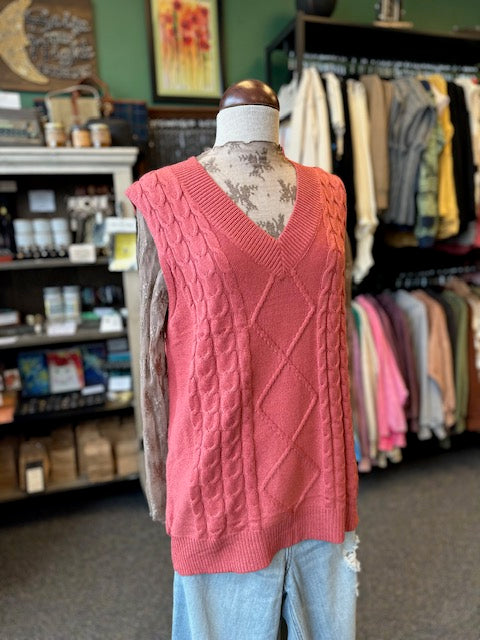 Rose Clay Maeve Cable V-Neck Vest Sweater