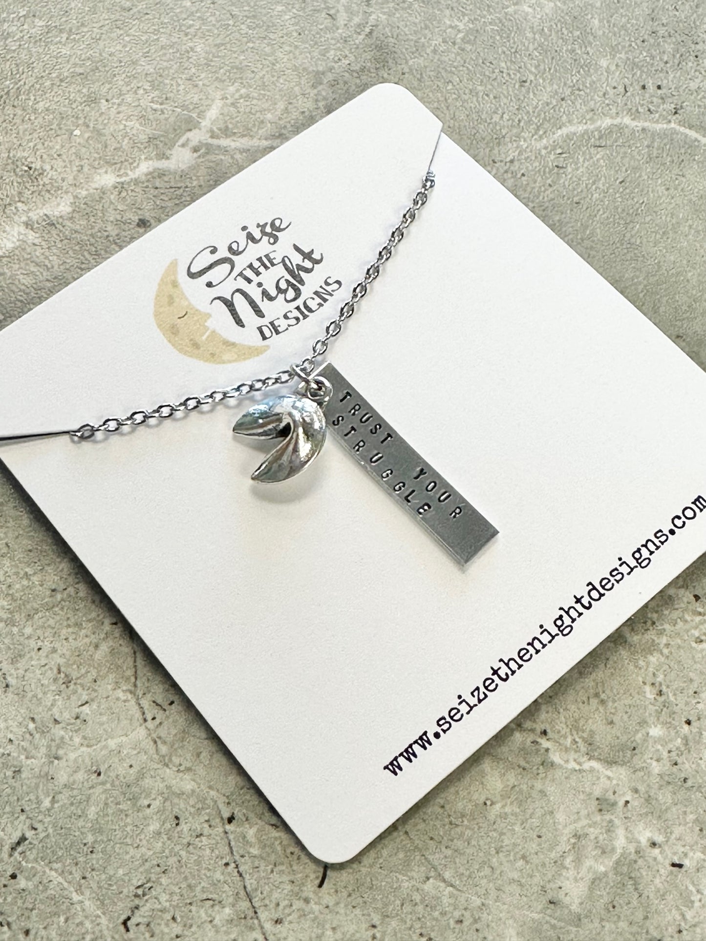 Trust Your Struggle Fortune Cookie Hand Stamped Necklace