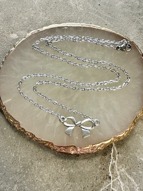 Small Silver Bow Charm Necklace