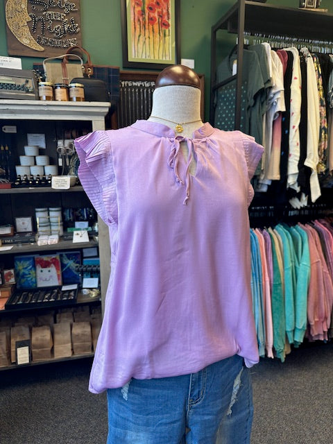 Lavender Pleated Sleeve Front Neck Tie Top