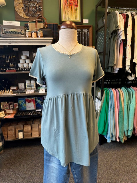 Sale - Blue Grey Short Sleeve Empire Waist Shirring Top with Pompom Trim