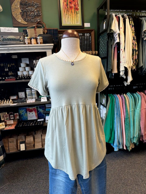 Light Sage Short Sleeve Empire Waist Shirring Top with Pompom Trim