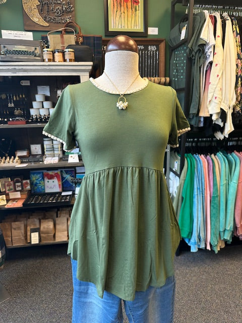 Dark Green Short Sleeve Empire Waist Shirring Top with Pompom Trim