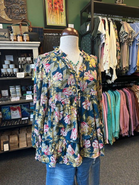 Teal Gold Foil Floral Printed Top with Tassels