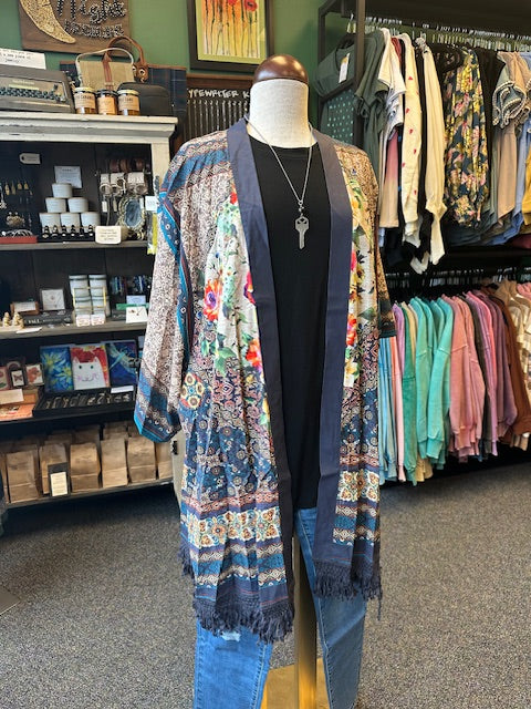 Teal Mix Open Front Print Kimono with Fringe Details
