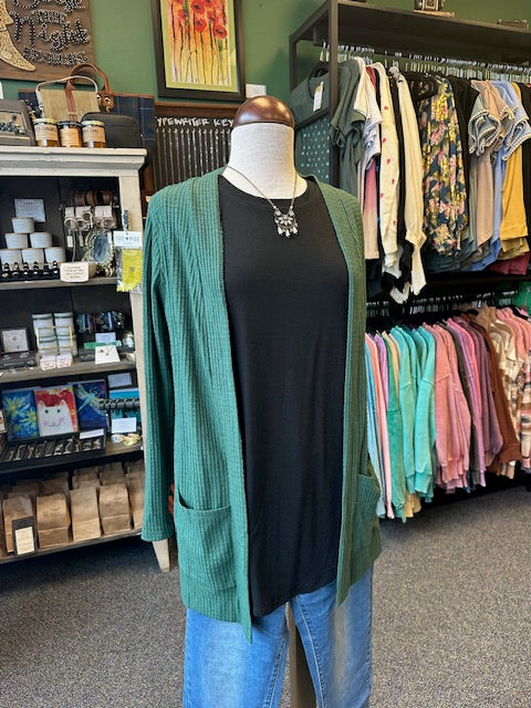 Sale - Hunter Green Brushed Waffle Long Sleeve Open Front Cardigan