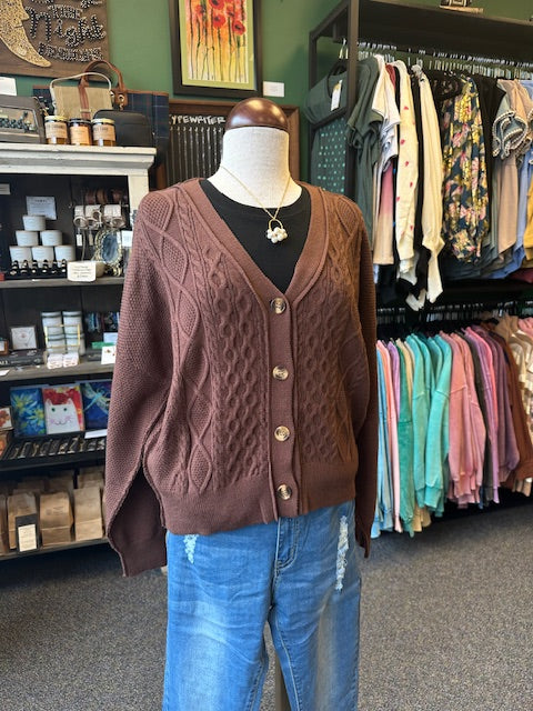 Brown Chunky Cable Knit Button Front Cardigan