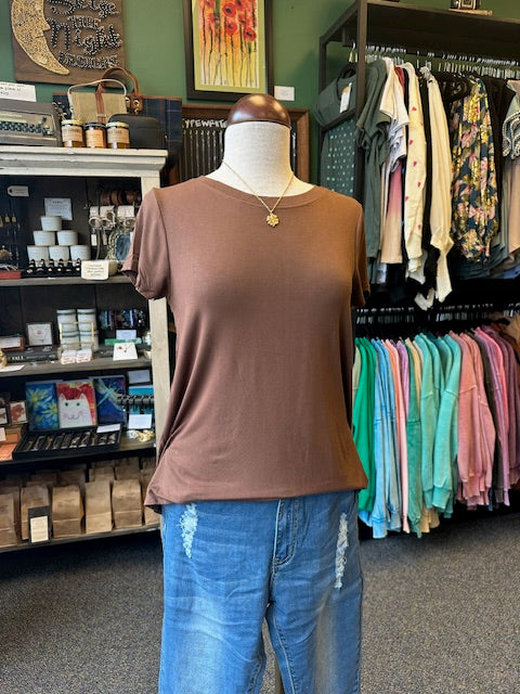 Brown Round Hem Short Sleeve Top