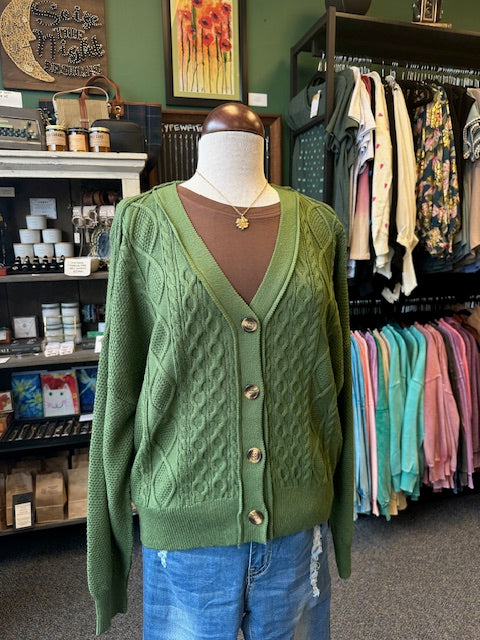 Olive Chunky Cable Knit Button Front Cardigan