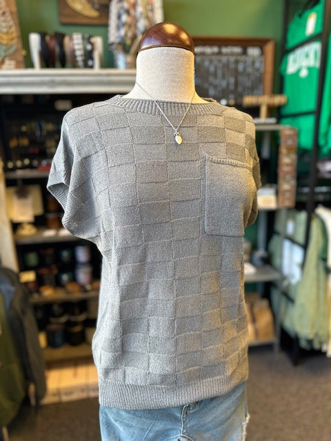 Sale - Gray Lattice Knit Short Sleeve Sweater Top