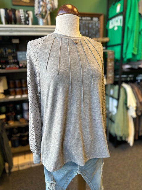 Gray Pleated Long Sleeve Top