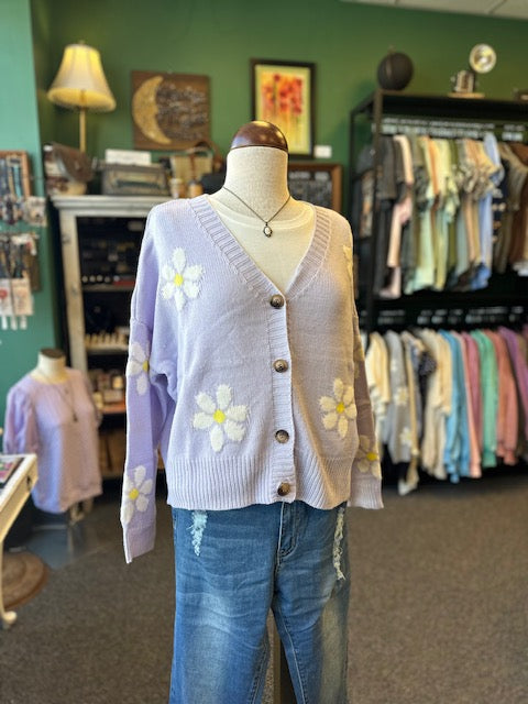 Sale - Purple Flower Button Up Knit Cardigan