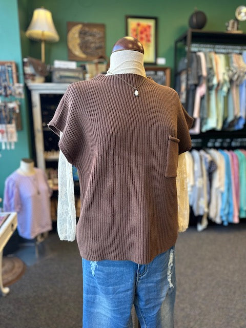 Brown Mock Neck Short Sleeve Sweater