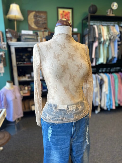 Taupe Semi Sheer Mesh Floral Lace Layering Top