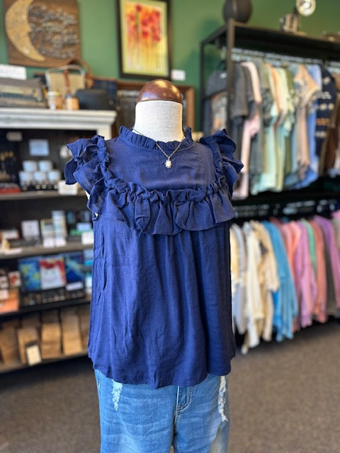 Navy Ruffle Detailed Top