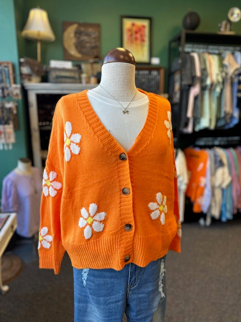Sale - Orange Flower Button Up Knit Cardigan