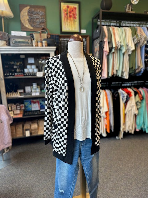 Sale - Black and White Check Race Day Long Sleeve Cardigan with Pockets