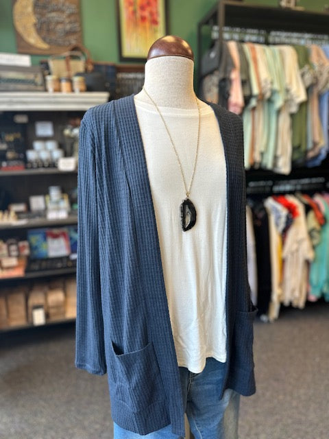 Navy Blue Brushed Waffle Long Sleeve Open Front Cardigan