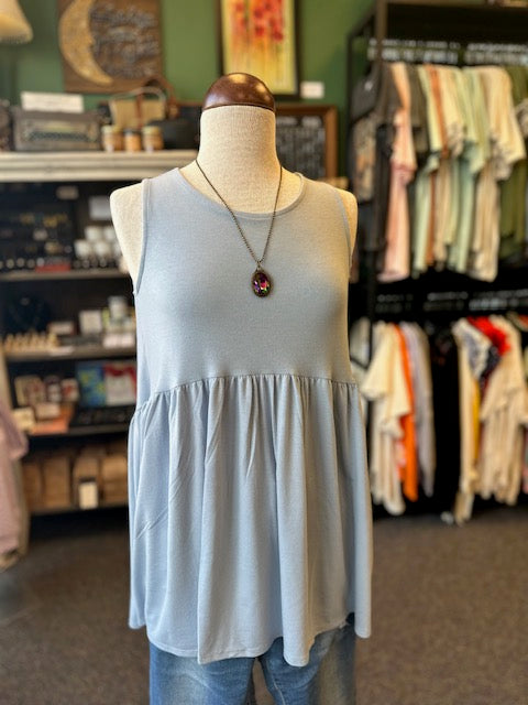 Ash Blue Empire Waist Shirring High Low Tank Top