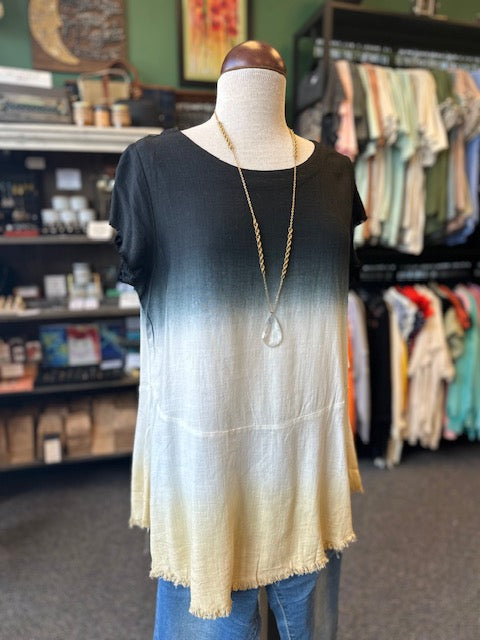 Black Linen Blend Dip Dye Short Sleeve Top