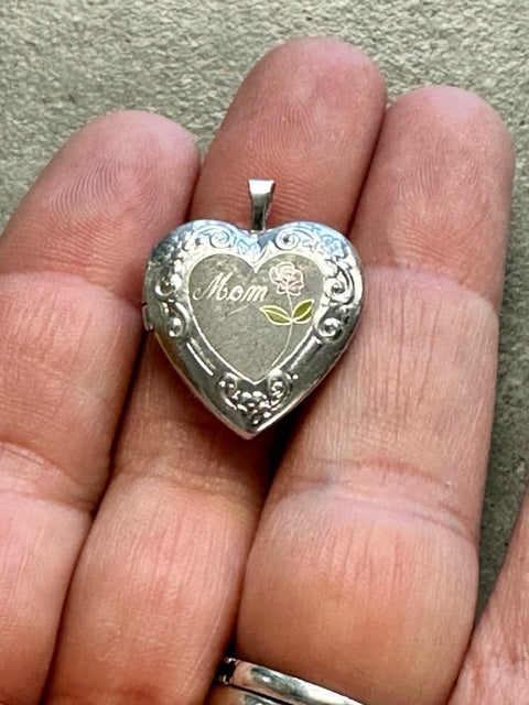 Vintage Sterling Silver Mom Locket Pendant with Rose