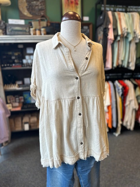 Oatmeal Linen Collared Button Up Top