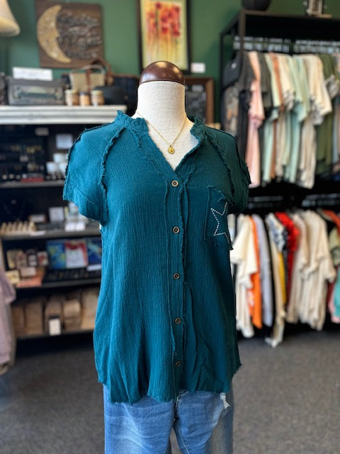 Dark Teal Split Neck Short Sleeve Top