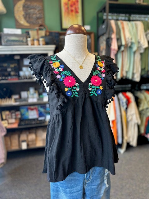Black Floral Embroidery Top with Pom Pom Details